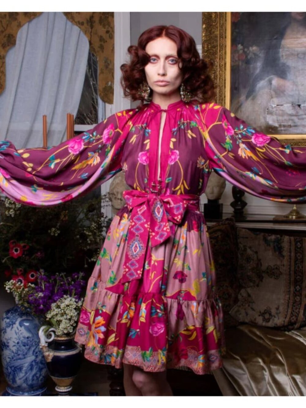 La Fuori Ania Silk Mini Dress Medium Floral Balloon Sleeve